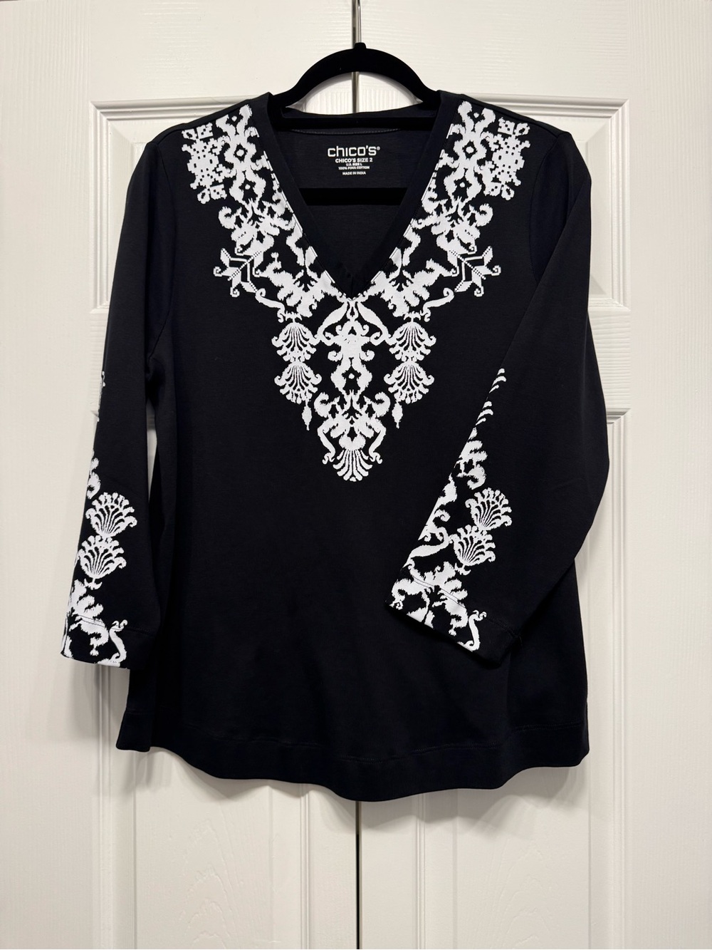 NWT Chico's Black V-Neck Top - White Pattern
